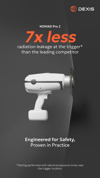 A high-contrast vertical ad showing a handheld dental X-ray unit with bold typography highlighting its superior safety rating compared to competitors.